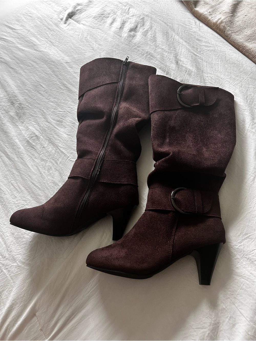 SHEIN Dark Brown Suede Mid-Calf Buckle Heeled Boots